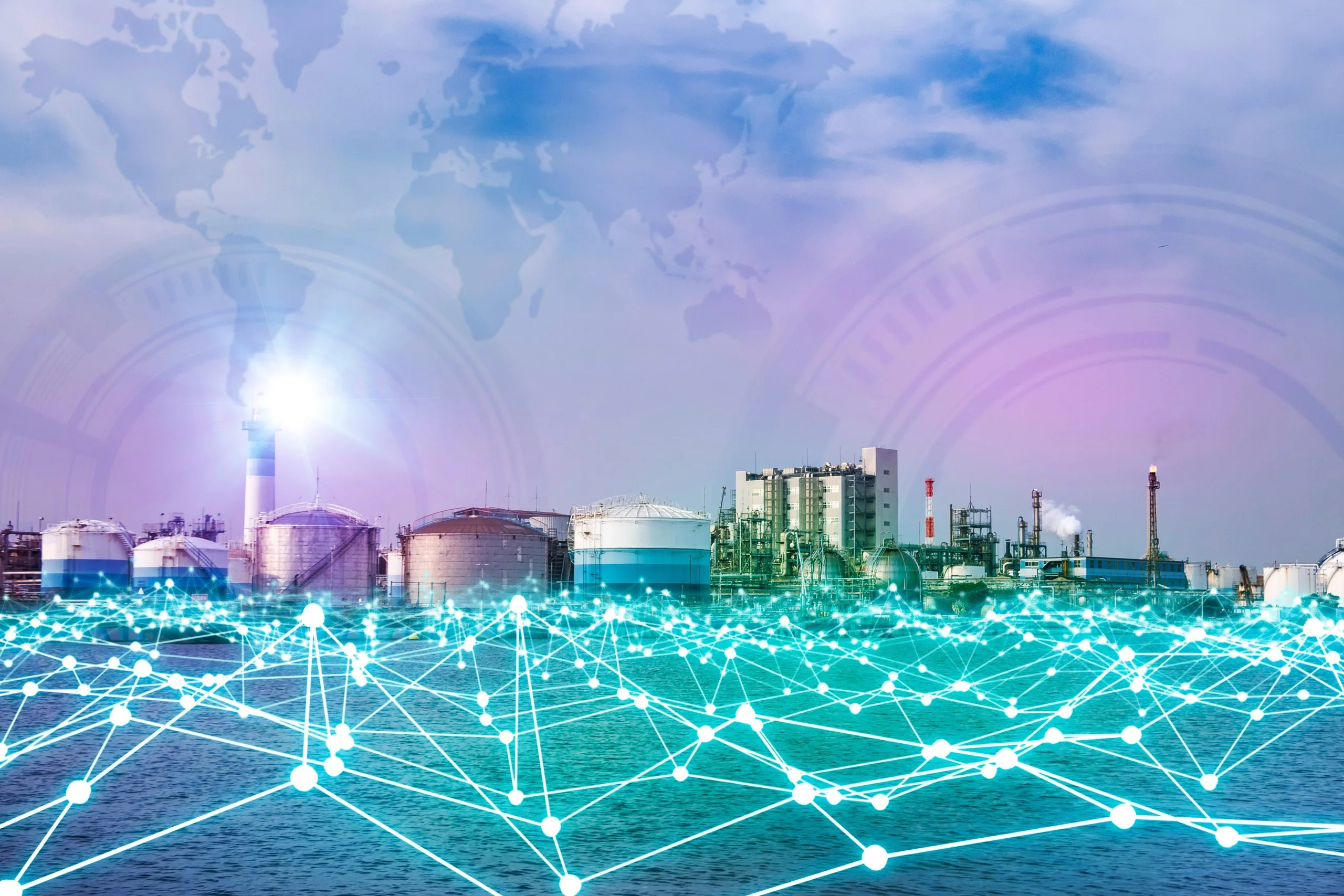 modern factory skyline and mesh network concept Zielzustandskaskade und Zielentfaltung
